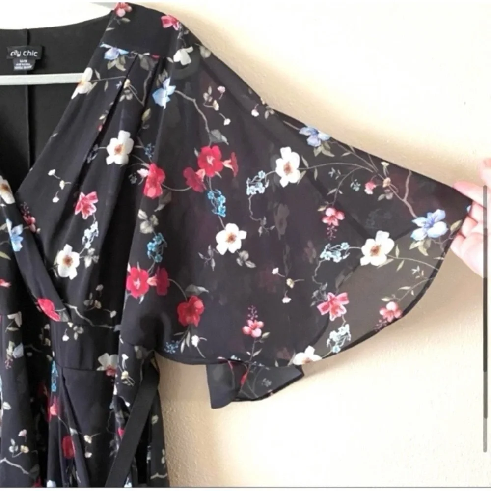 City Chic Floral Allure Chiffon Faux Wrap Drape Batwing Plus Dress Size 18 - Picture 5 of 15